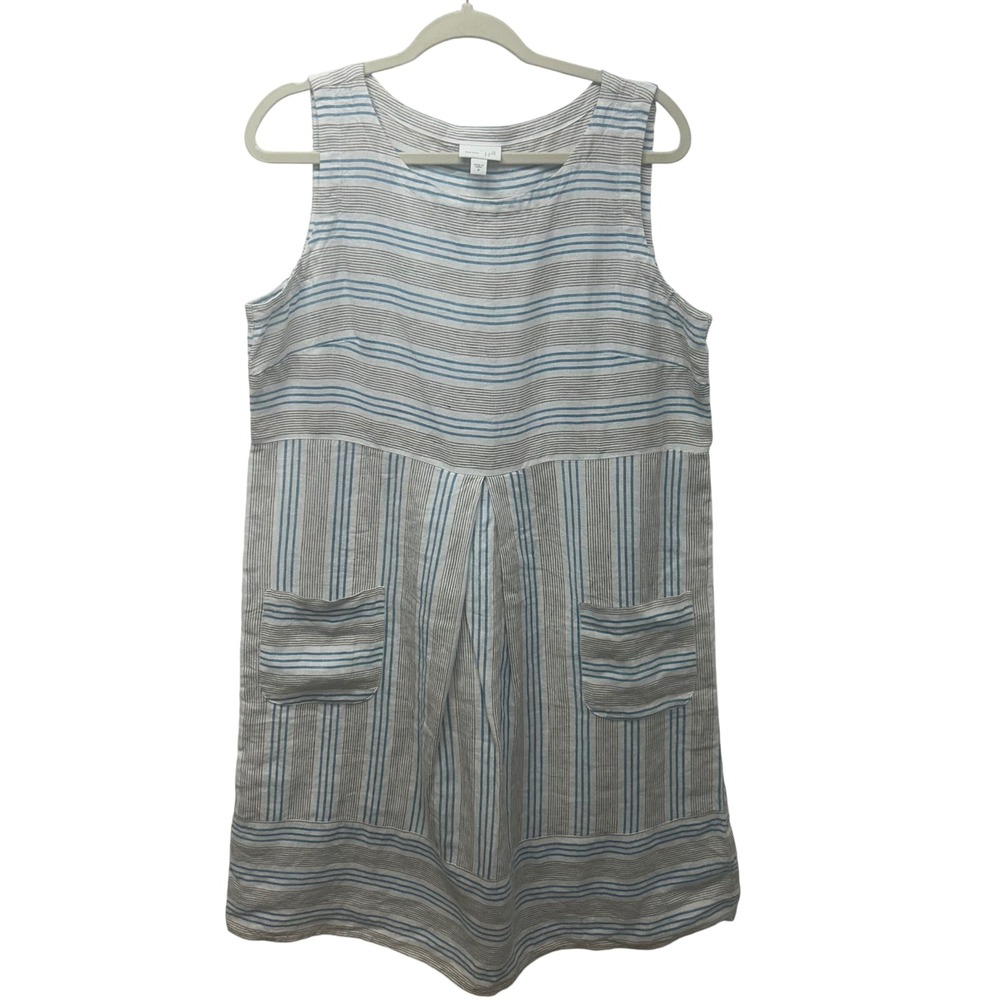 J. Jill Love Linen Sleeveless Striped Shift Dress Blue Tan White 100% Linen M